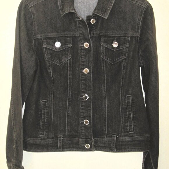 BACCINI-Denim Jean Jacket Size Petite Small-Studded Rhinestones Buttons-Spandex - Picture 1 of 6